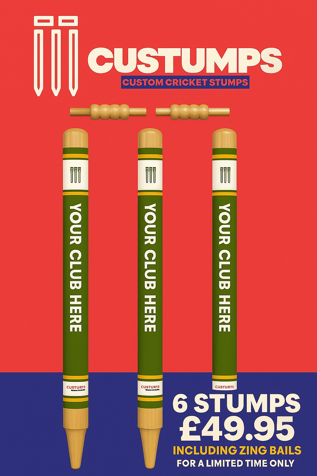 6 x CUSTOM STUMPS ONLY £49.95 LIMITED OFFER